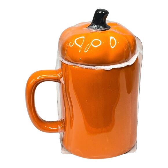 Rae Dunn Ceramic Spice Coffee Mug & Pumpkin Topper Cover Lid Orange Black New - Picture 2 of 5